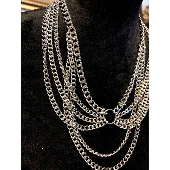 Layered Statement Back Necklace Silver Tone Chunky Curb Chain Pattern Princess - Picture 9 of 10